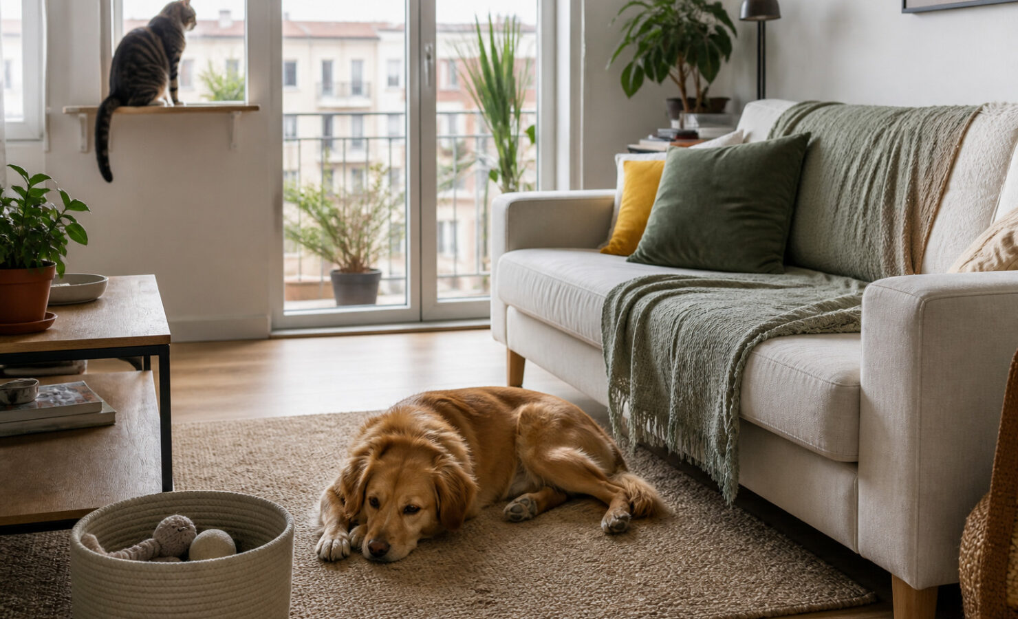 Salón luminoso con un perro en la alfombra y un gato junto a la ventana
