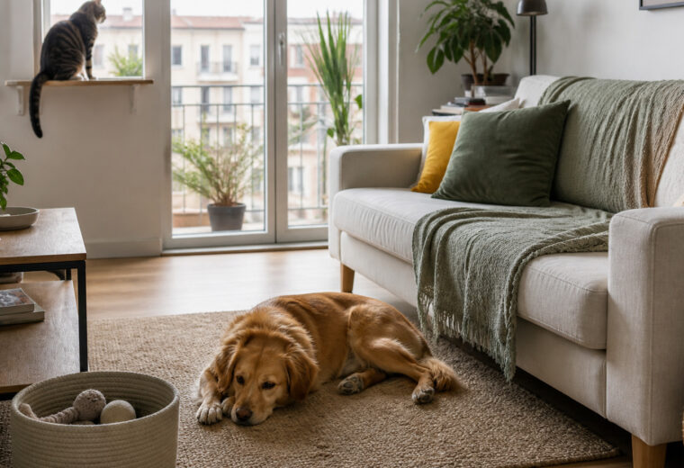 Salón luminoso con un perro en la alfombra y un gato junto a la ventana