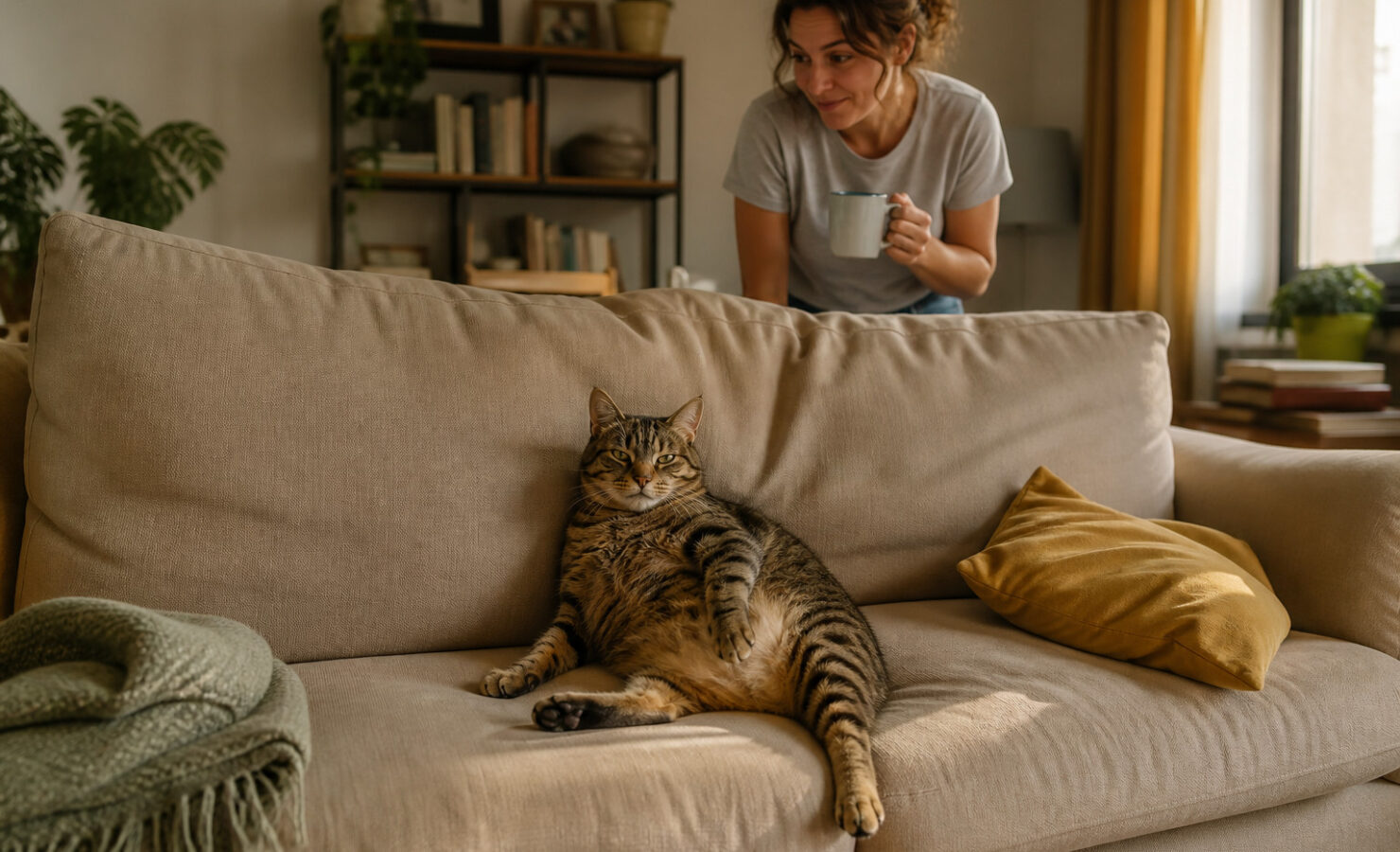 Gato atigrado ocupando el centro del sofá mientras su dueña espera con una taza