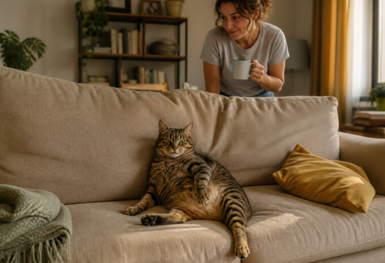 Gato atigrado ocupando el centro del sofá mientras su dueña espera con una taza