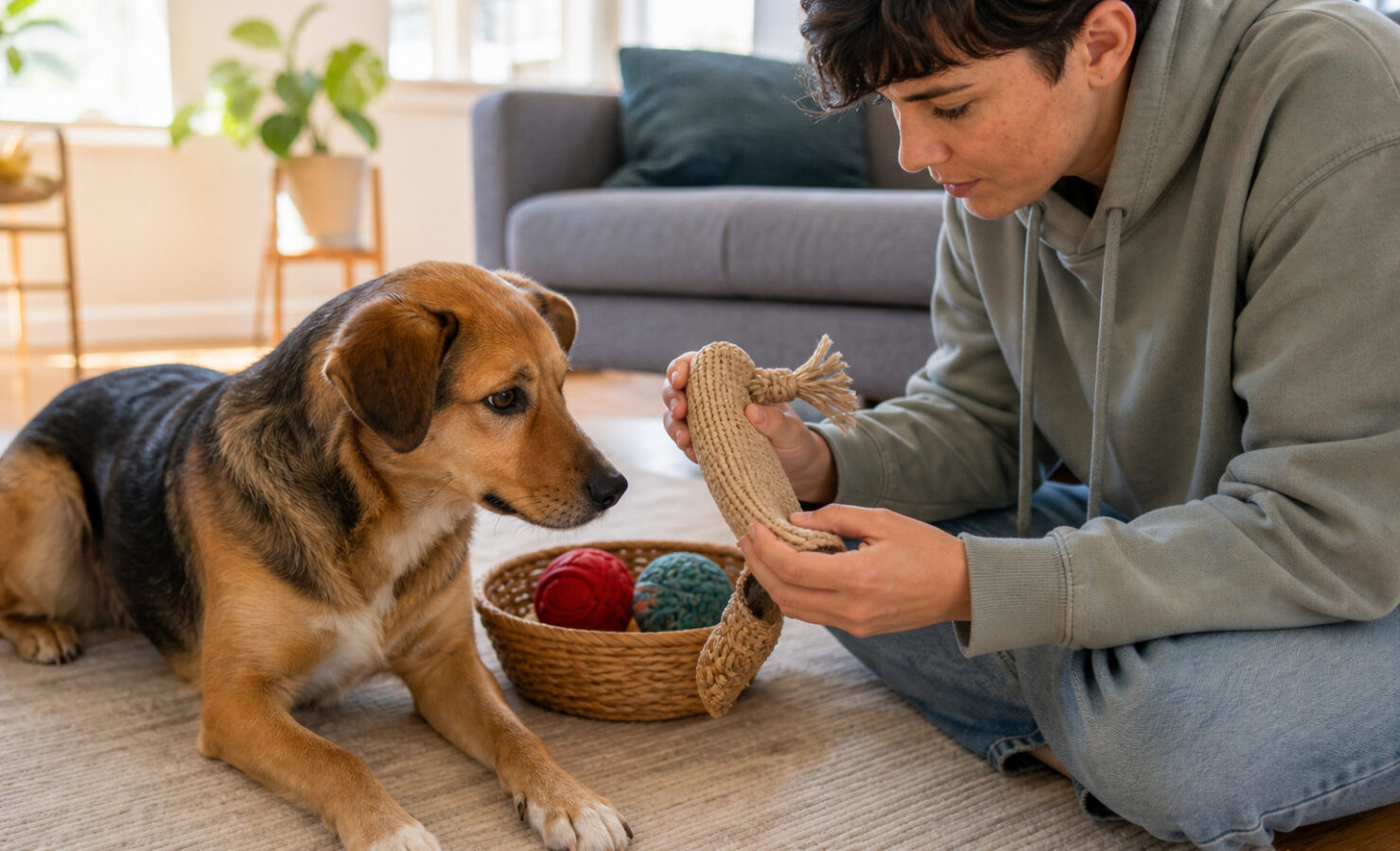 Persona revisando un juguete tejido resistente antes de dárselo a su perro