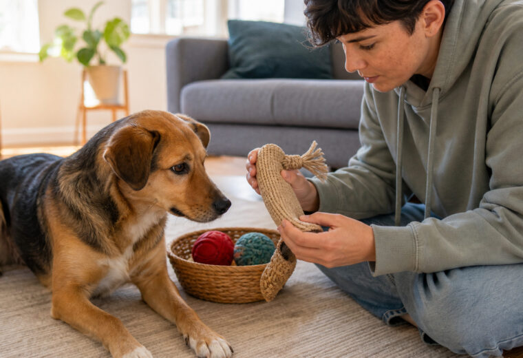 Persona revisando un juguete tejido resistente antes de dárselo a su perro