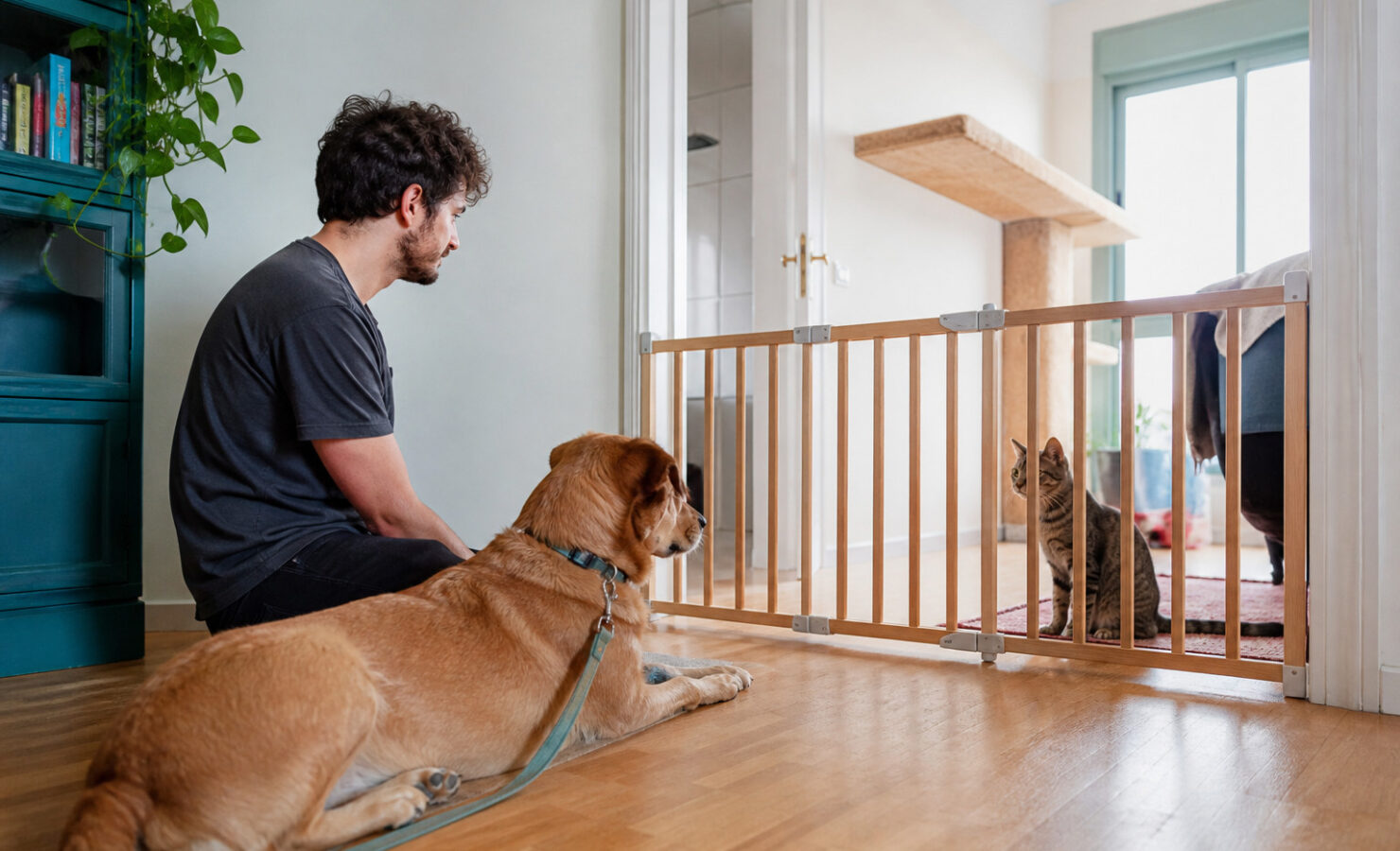 Perro tranquilo y gato observándose a ambos lados de una barrera de seguridad