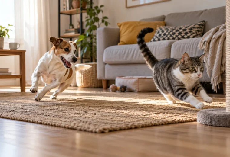 Un perro pequeño y un gato corren sobre una alfombra con postura de juego en un salón despejado