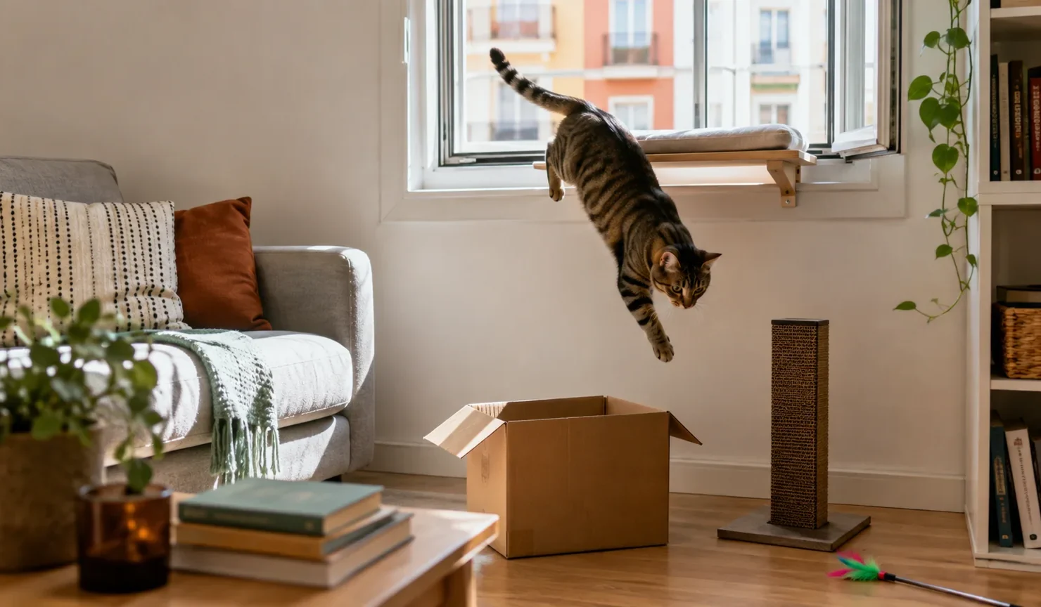 Gato atigrado salta desde una repisa de ventana hacia una caja junto a un rascador compacto