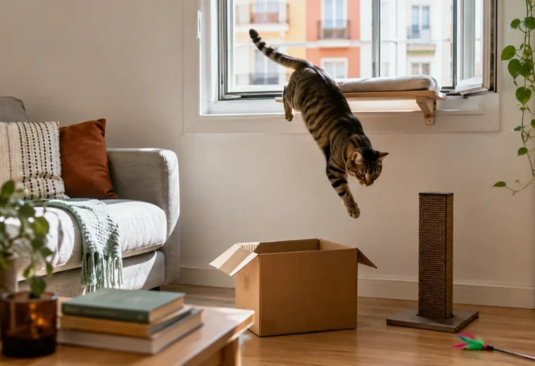 Gato atigrado salta desde una repisa de ventana hacia una caja junto a un rascador compacto