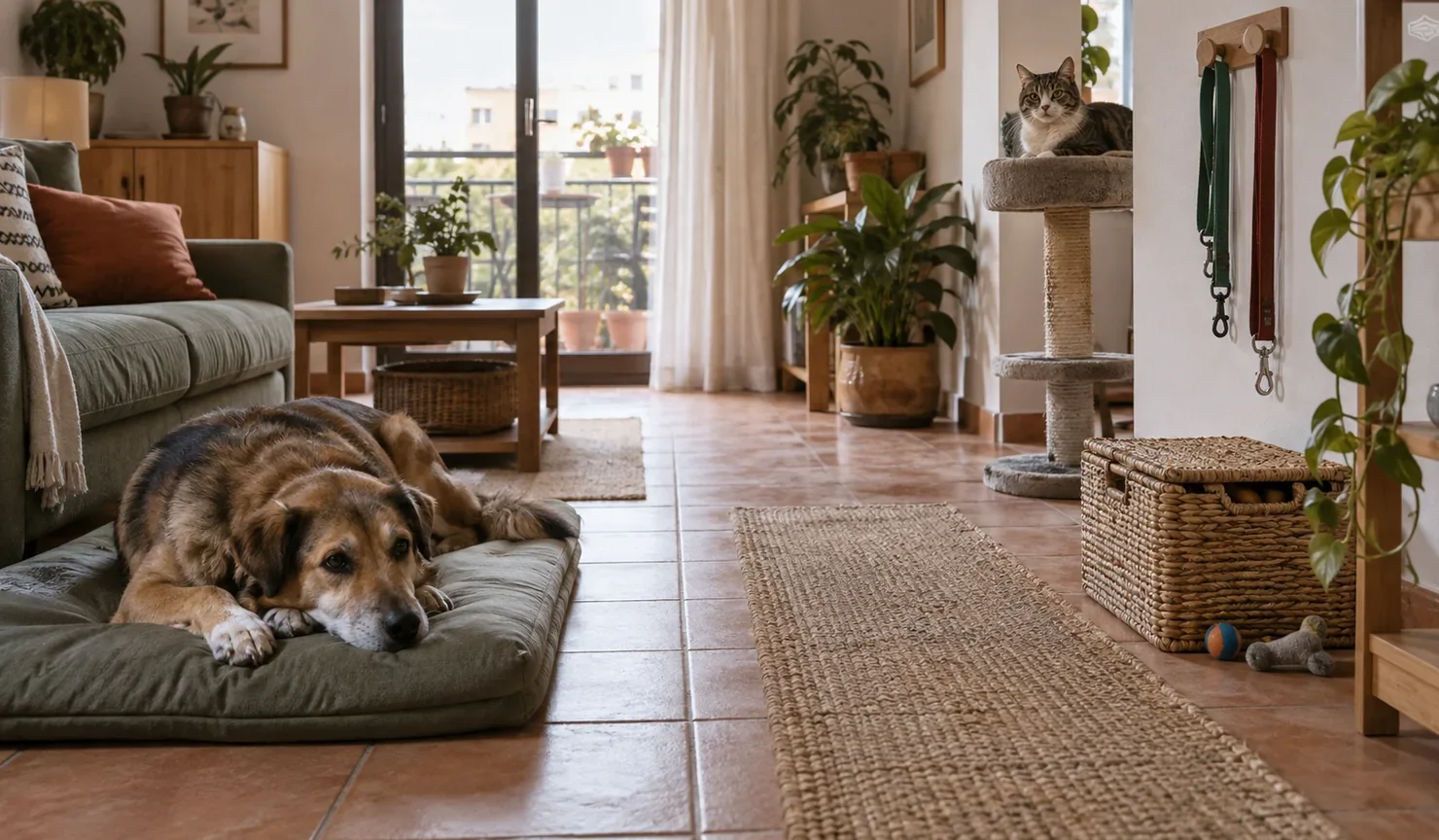 Un perro descansa en una colchoneta y un gato ocupa una plataforma en un salón con juguetes guardados