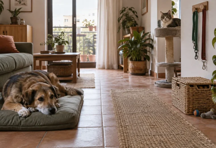 Un perro descansa en una colchoneta y un gato ocupa una plataforma en un salón con juguetes guardados