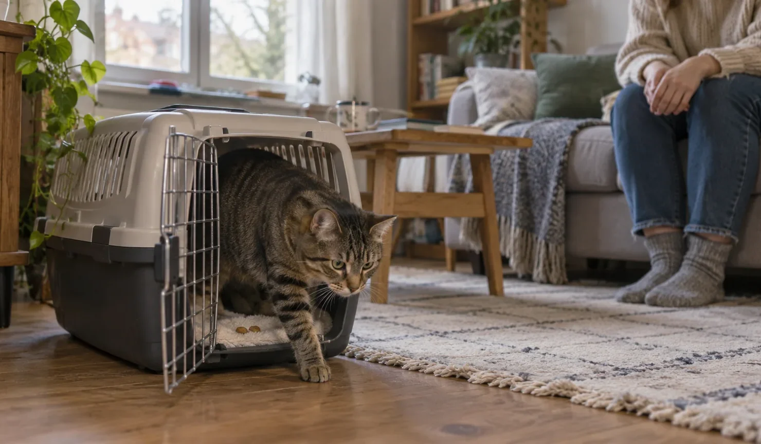 Un gato atigrado entra por sí mismo en un transportín abierto con una manta familiar y premios