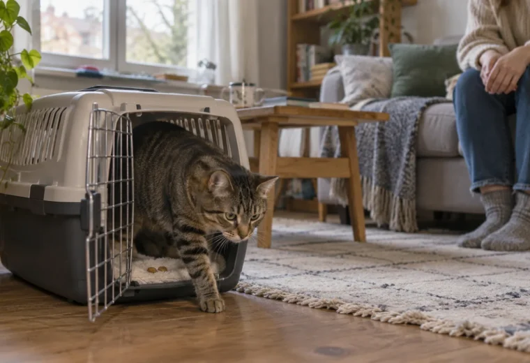 Un gato atigrado entra por sí mismo en un transportín abierto con una manta familiar y premios